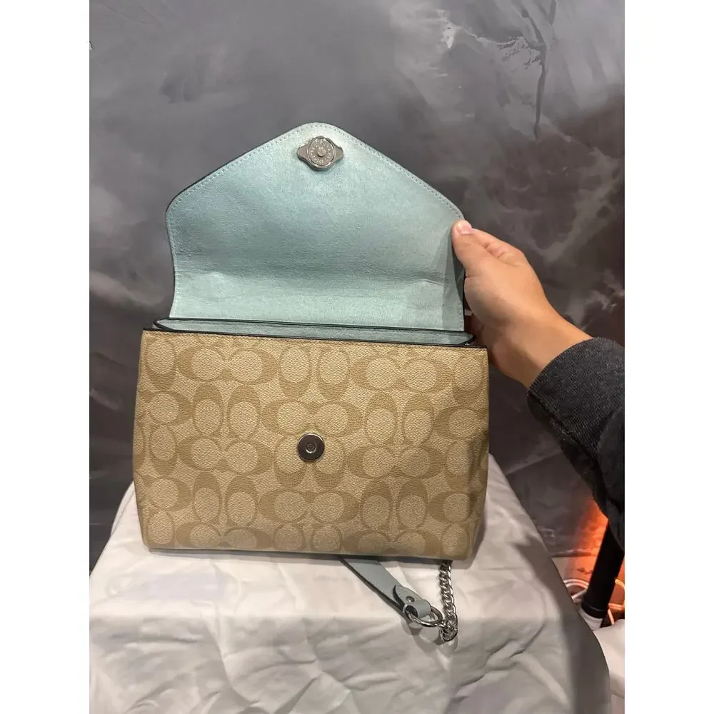 Coach Tammie Shoulder Bag in Signature Canvas Khaki Teal Chain Strap C6784